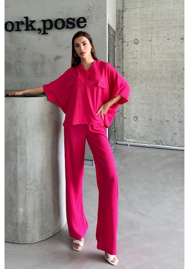 Kadın Fuşya Yarasa Kol Sahte Cep Bürümcük Alt Üst Palazzo Takım Fuşya