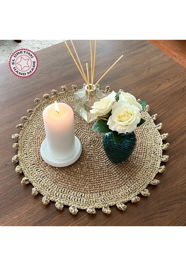 Uretti - Hacer 8870 El Yapımı Payetli Bej Renk Pamuk İp Dekoratif Supla - 39 X 39 Cm Bej - Kahverengi