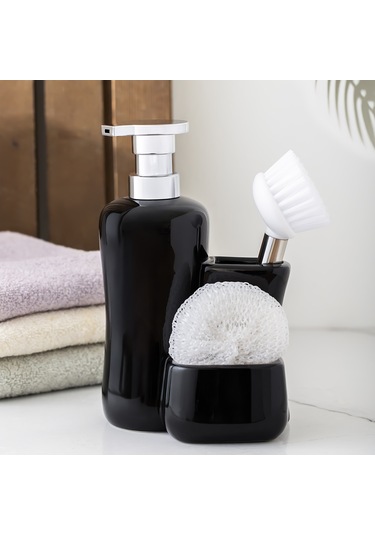 Porsima 268669 Sıvı Sabunluk Fırçalı Süngerlikli Sabunluk Siyah