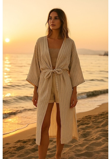 Enhitbaby Udenya Çizgili Oversize Müslin Kimono + Hediye Toka Ekru