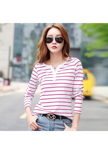 Pamuklu Tişört Kadın Uzun Kollu Çizgili T Gömlek İlkbahar Sonbahar Kadın Giyim Gömlek Bluz Tops Kırmızı Pamuklu Tişört Kadın Uzun Kollu Çizgili T Gömlek İlkbahar Sonbahar Kadın Giyim Gömlek Bluz Tops Kırmızı