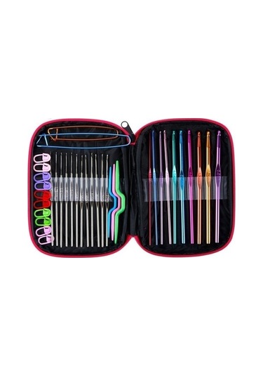 Flybuy Set 100 Adet Kırmızı Gül Desenli Örgü Alet Seti - Tığ İşi Aksesuarlar 100'ü 1 Arada