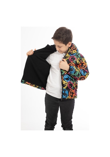 Erkek Çocuk Gülen Emoji İçi Polarlı Kürklü Su Ve Rüzgar Geçirmez Kapüşonlu Cepli Kışlık Şişme Çok Renkli