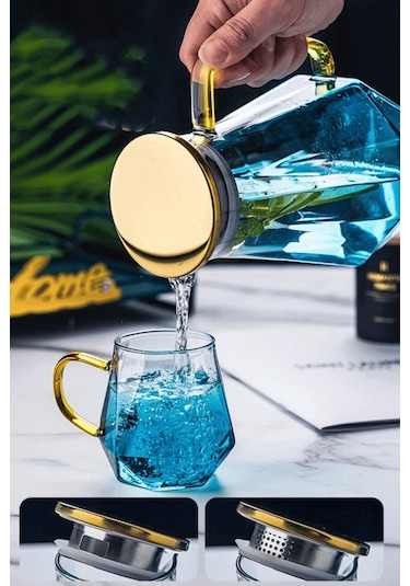 7 Parça Cam Meşrubat Takımı Süzgeçli Sürahi Ve Bardaklar 2 Litre Meşrubat Takımı