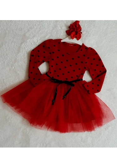 Kız Çocuk Kırmızı Uzun Kol Puantiyeli Doğum Günü Özel Gün Yılbaşı Hediye Abiye Günlük Prenses Elbise Kırmızı