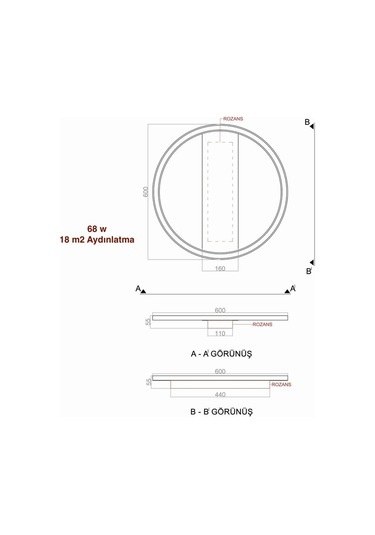 Tavan Tipi Led Avize Plafonia Transparent 60 Cm Daire Siyah - Sarı