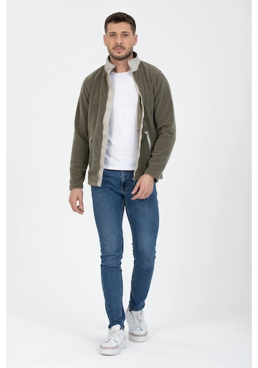 Yan Cep Fermuarlı Polar Khaki Koyu Haki