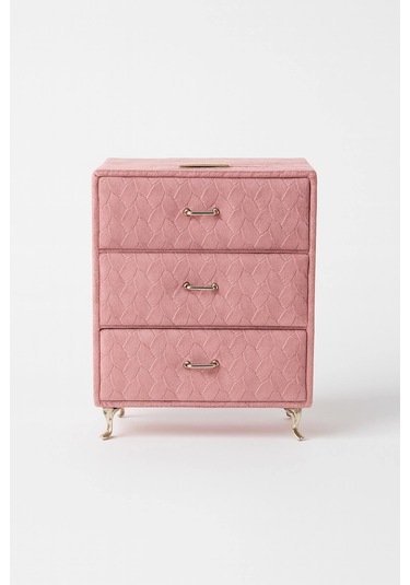 Dekoratif 3 Çekmeceli Kadife Takı Bijuteri Mücevher Kutusu Organizer Düzenleyici Pembe