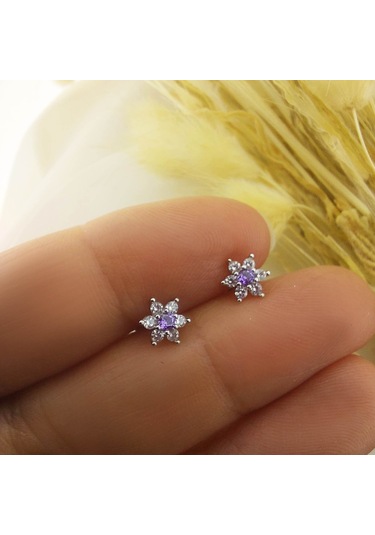 925 Ayar Gümüş Mor Taşlı Minimal Lotus Küpe Gümüş