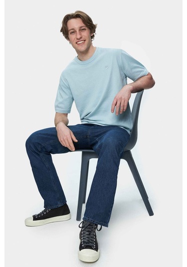 Fared Gök Mavi Bisiklet Yaka Triko Nakışlı Standard Fit Erkek Tshirt Gök Mavi