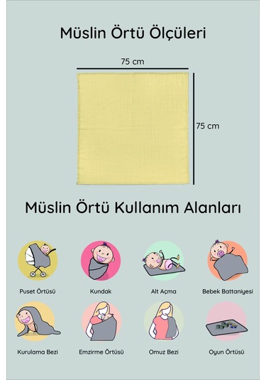 Luckka 3'lü Çok Amaçlı Müslin Örtü Seti - 75x75 Cm - Ztc200 Sarı Sarı