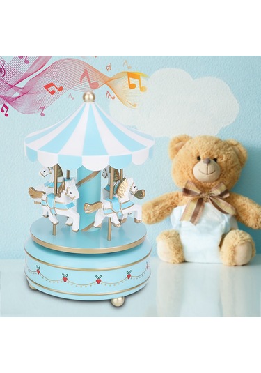 Vkemall Mavi Ayna Mermer + Abs Müzik Kutusu, Çocuklar İçin Döner Atlı Karuselli, Ev Dekorasyonu Ve Doğum Günü Hediyesi