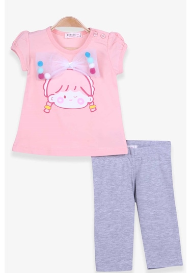 Breeze Kız Çocuk Kapri Tayt Takım Fiyonklu Ponponlu 1-4 Yaş, Somon