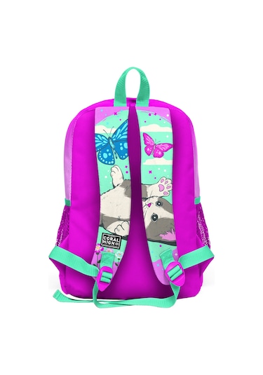 Coral High Kids Su Yeşili Pembe Kedi Desenli Dört Bölmeli Okul Çantası 23707