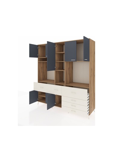 Kronos Dolap 10 Raflı 6 Çekmeceli 8 Kapaklı 220x59x243 Çam-antrasit/aytaşı Antrasıt/aytası