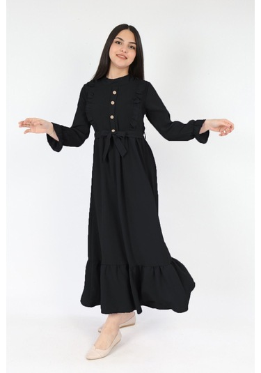 Kiz Cocuk Elbise Aerobin Keten Kumaş Tesettüre Uygun Uzun Boydan Cocuk Elbise Siyah