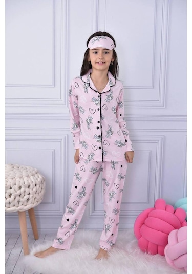 Kız Çocuk Düğmeli Desenli Uzun Kollu Pijama Takımı-991 Pembe