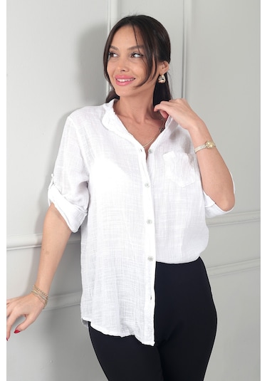 By Saygı Kadın Pul Detaylı Tek Cepli Oversize İthal Keten Gömlek Beyaz