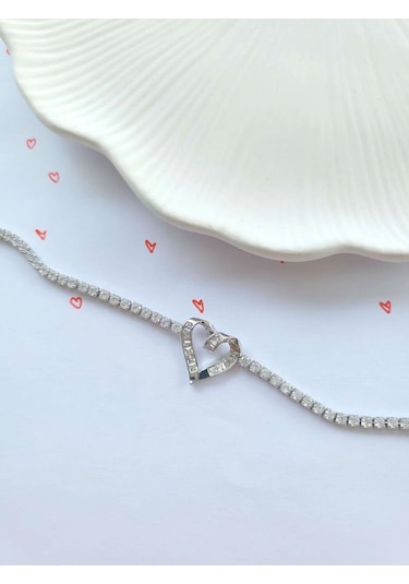 Çelik Silver Kalpli Su Yolu Bileklik Sevgililer Günü Hediyesi Gümüş