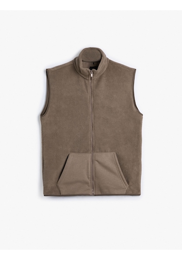 Koton Peluş Yelek Fermuarlı Kanguru Cep Detaylı Dik Yaka Kahverengi 4Wam30007Mk 4Wam30007Mk532