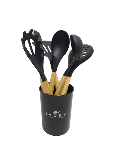Ivory Doğal Bambu Saplı %100 Silikon Mutfak Seti 6 Parça Siyah