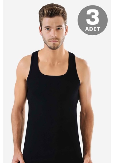 Erkek Siyah Ribana Atlet 3'lü Paket %100 Pamuklu Siyah