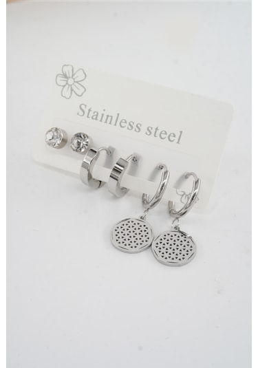 Kadın 316 L Paslanmaz Çelik Kararmaz 6'lı Küpe Seti S0005