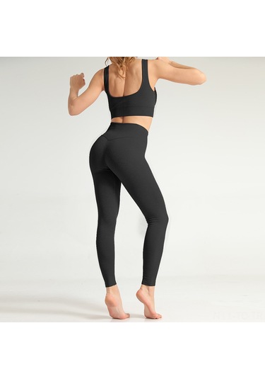 Skycity Kadınlar İçin Hızlı Kuruyan Yoga Ve Spor Seti - Sütyen Üst + Yüksek Bel Pantolon SiYAH Siyah