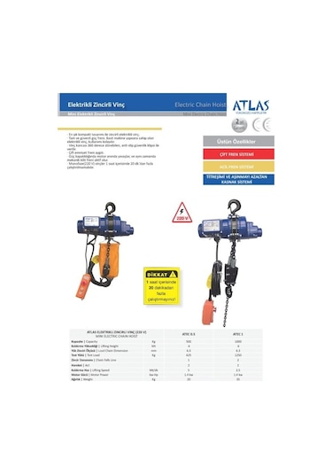 Atlas Atec01 1 Ton Kapasite Elektrikli Zincirli Vinç