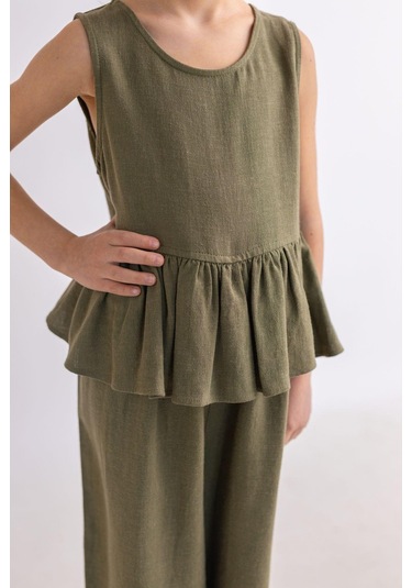 Oliventhekid Beli Volanlı Sırtı Düğmeli Kolsuz Keten Kız Çocuk Tulum Haki Haki