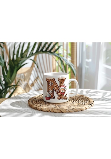N Kurabiye Harf Ve Ayıcık Detaylı Kupa Bardak - Yeni Yıl / Yılbaşı Temalı Tasarım - Noel Hediye Beyaz