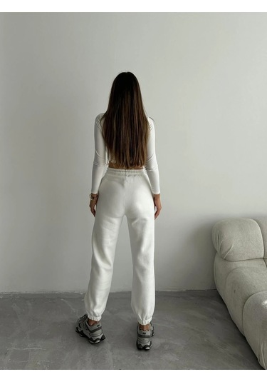 3 İplik Şardonlu Paça Lastikli Eşofman Beyaz İs001 Beyaz