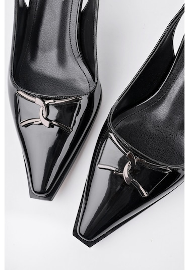 Muggo Forest Arkası Açık Toka Detaylı Günlük Klasik Topuklu Kadın Stiletto Ayakkabı Siyah-Rugan
