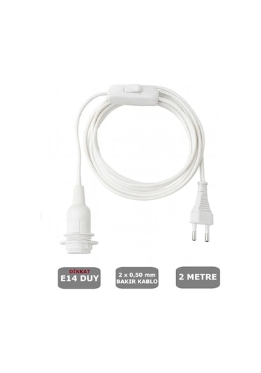 2 Metre Arapuarlı Aç Kapat Anahtar Fişli Abajur Lambader Duyu Seyyar E14 2x0,50 Beyaz