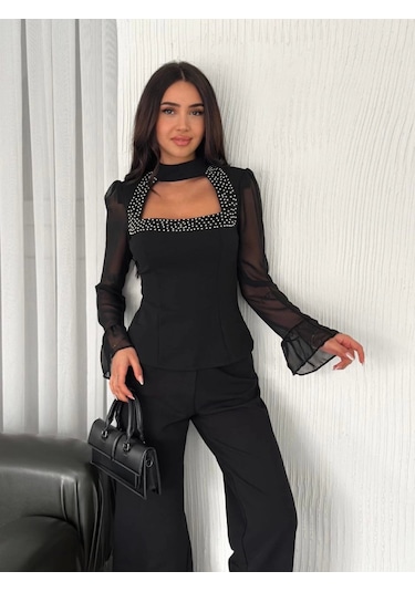 Reka Moda Kolları Şifon Göğüste İnci Boncuk Detaylı Bluz - Siyah Siyah