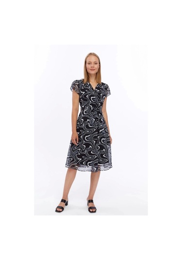 Kadın Desenli Kruvaze Yaka Midi Şifon Elbise 4445/110 Gri