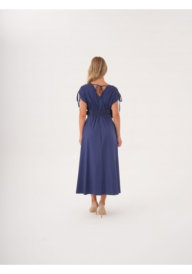 Kadın Bel Detaylı Kısa Kollu Elbise Çiçek Aplikeli, Büzgü Ve Bağcık Detaylı, %100 Pamuk Lacivert