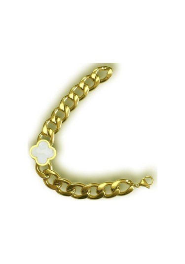 Uzel Çelik Gold Altın Renk Beyaz Sedef Yoncalı Kalın Halka Detaylı Çelik Bileklik Gold