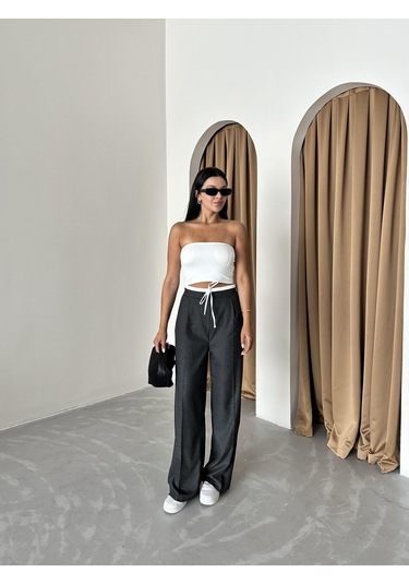 Antrasit Bel Bantı Detaylı Yan Fermuarlı Pantolon Antrasit
