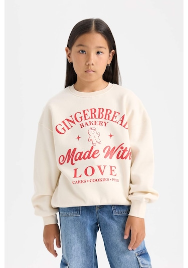 DeFacto Kız Çocuk Relax Fit Bisiklet Yaka Baskılı Sweatshirt D7058A824WNER99 Ekru