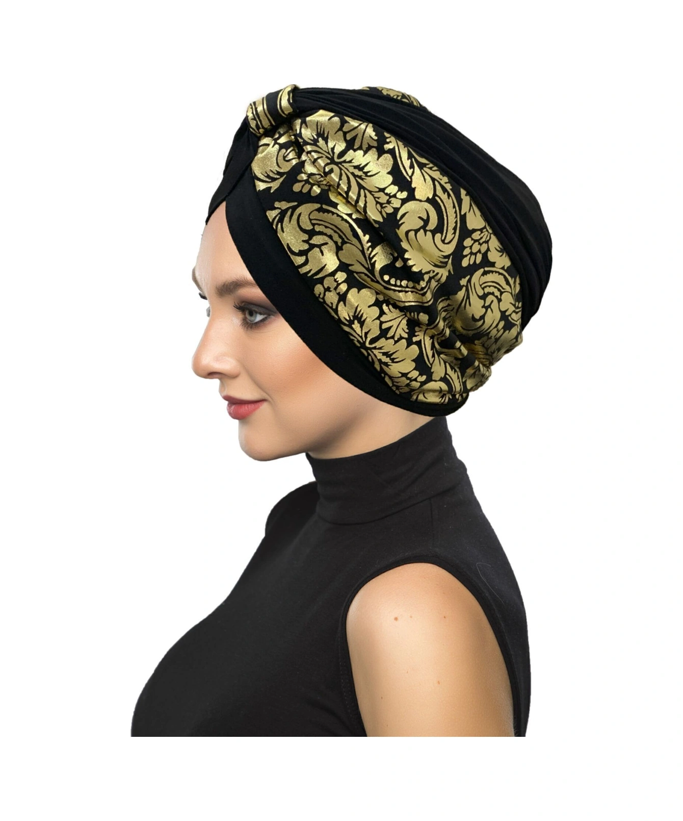 Özel Tasarım Siyah Üzeri Altın Osmanlı Motifli Astarlı Hazır Türban Tesettür Abiye Bone Siyah13