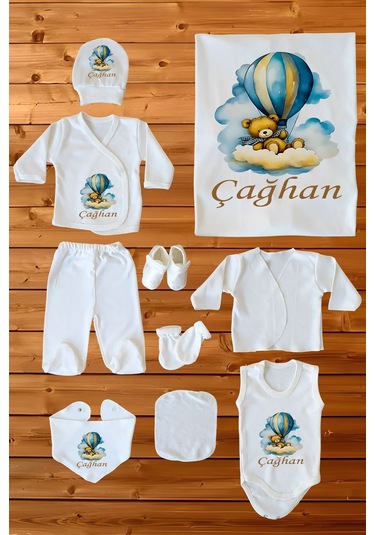 %100 Pamuk Baskılı 10'lu Isimli Organik Bebek Hastane Çıkışı Beyaz