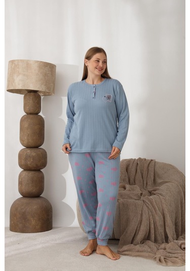 Lindros Kadın Pamuk'lu Düğme Yaka Raporlu İnterlok Kışlık Battal Pijama Takımı 0242 - 1 Adet Mavi