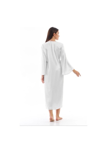 Laperissa Kadın Beyaz Saten Sabahlık Kuşaklı Siyah Biyeli Şık Ev Giyim Beyaz