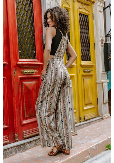 Haki Desenli Bahçıvan Bol Paça Salopet Kadın Tulum 001