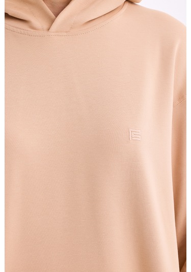 Pastelastore Pamuklu Kapüşonlu 2 İplik Baharlık Oversize Sweatshirt Bej