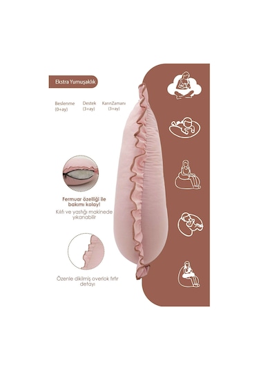 Mordesign Fırfırlı Emzirme Yastığı, Bebek Destek Minderi, Hamile Yastığı, Pamuk Kumaş, Ruffle Seri, Pudra Zg10201