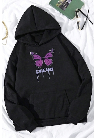 Unisex Oversize Dream Butterfly Baskılı Sweatshirt Siyah