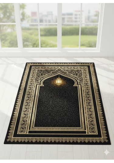 Siyah Seccade Ve Namazlık Dijital Baskılı Yumuşak Diz Acıtmaz Siyah - Altın