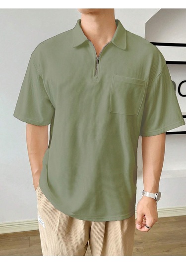 Erkek Oversize Polo Yaka Waffle T-shirt Poloyaka-fermuarlı Haki